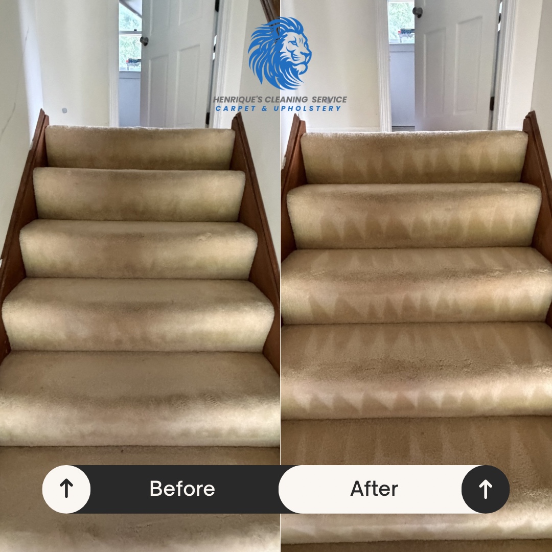 Light carpeted stairs shown before and after professional cleaning